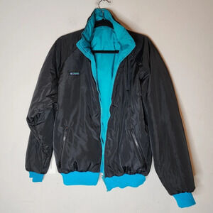 Columbia Reversible Vintage bomber nylon coat. Blue green and black. Size large